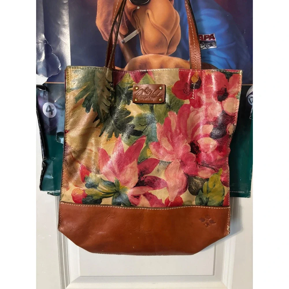 Patricia Nash Italian Leather Floral Tote Bag Cognac Brown Hand Painted Shopper
